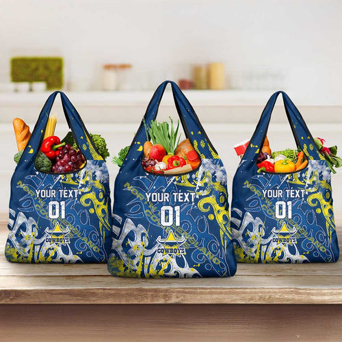 Personalized North Queensland Cowboys Rugby Grocery Bag Urban Street Graffiti Style - Distressed Splatter Elements