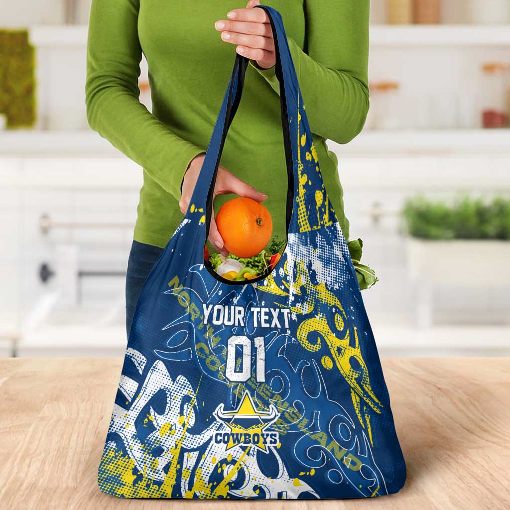 Personalized North Queensland Cowboys Rugby Grocery Bag Urban Street Graffiti Style - Distressed Splatter Elements