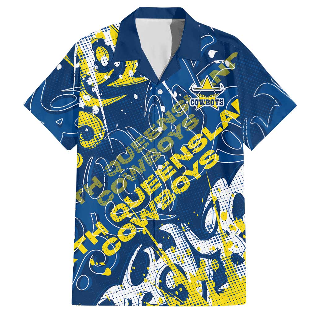 Personalized North Queensland Cowboys Rugby Hawaiian Shirt Urban Street Graffiti Style - Distressed Splatter Elements