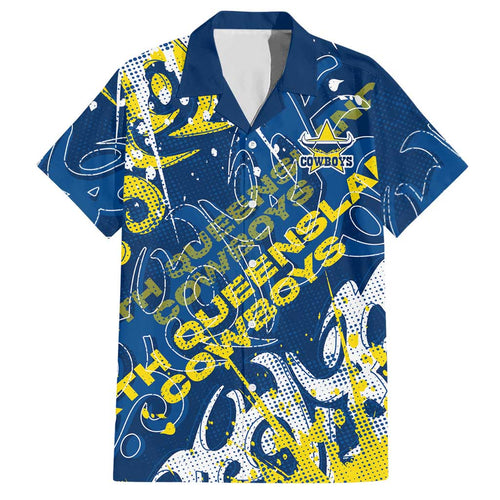 Personalized North Queensland Cowboys Rugby Hawaiian Shirt Urban Street Graffiti Style - Distressed Splatter Elements