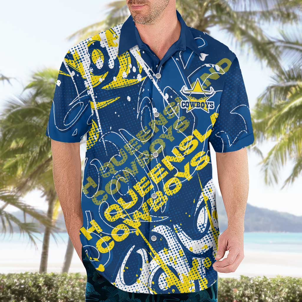 Personalized North Queensland Cowboys Rugby Hawaiian Shirt Urban Street Graffiti Style - Distressed Splatter Elements