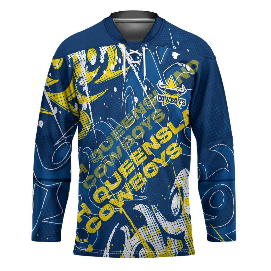 Personalized North Queensland Cowboys Rugby Hockey Jersey Urban Street Graffiti Style - Distressed Splatter Elements