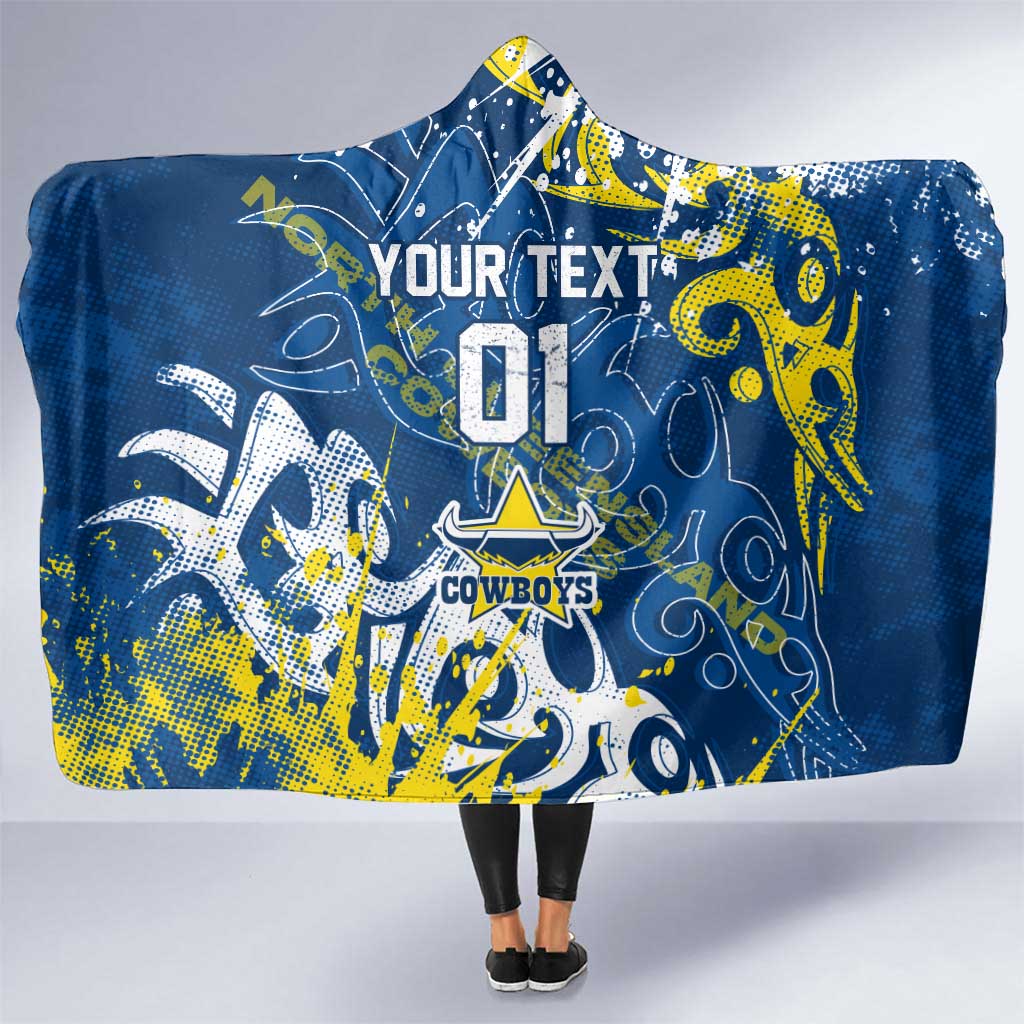 Personalized North Queensland Cowboys Rugby Hooded Blanket Urban Street Graffiti Style - Distressed Splatter Elements