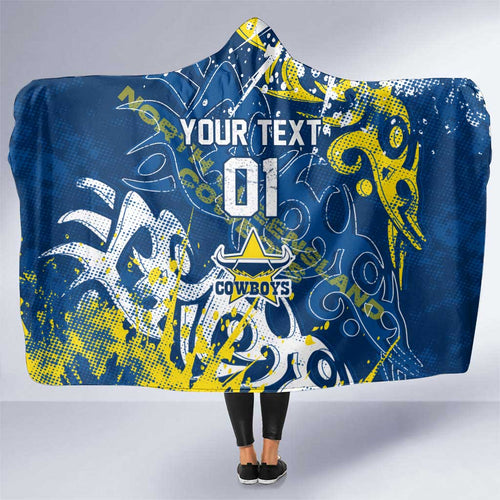 Personalized North Queensland Cowboys Rugby Hooded Blanket Urban Street Graffiti Style - Distressed Splatter Elements