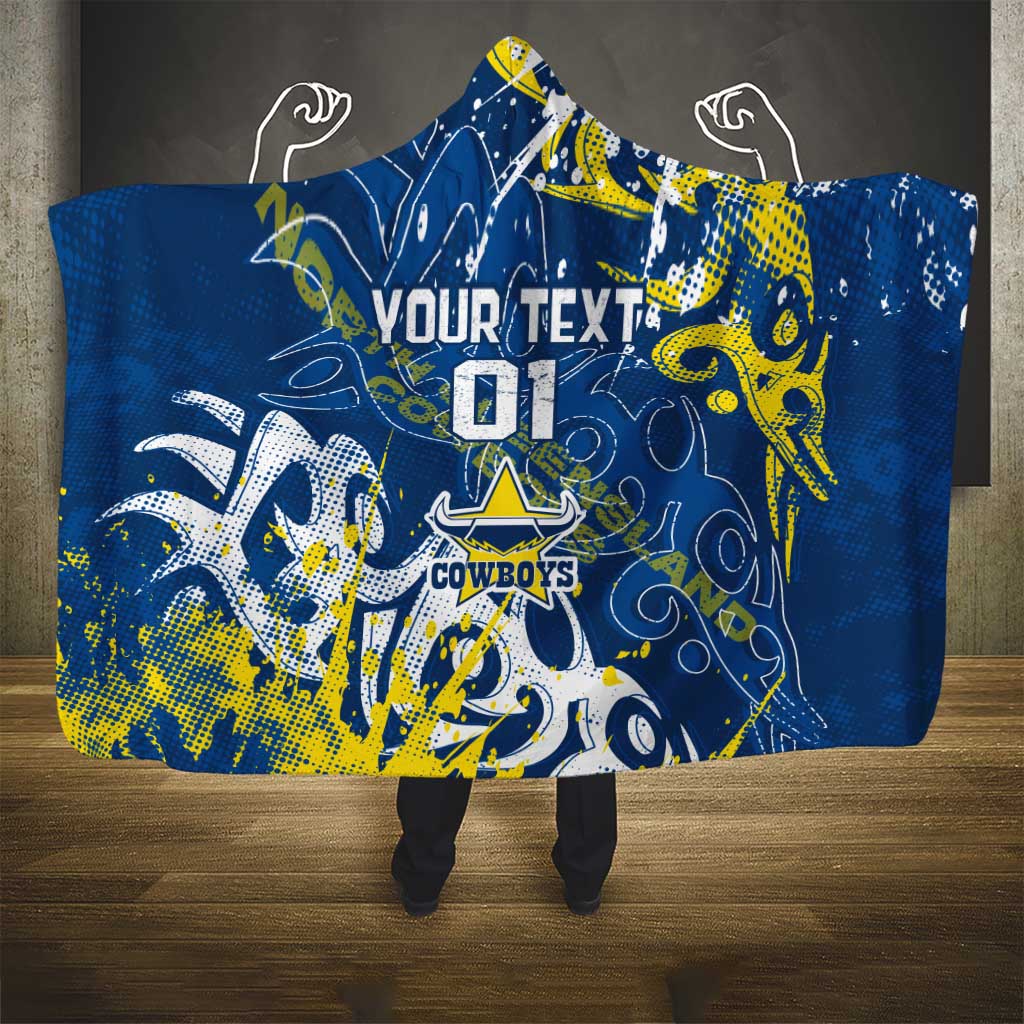 Personalized North Queensland Cowboys Rugby Hooded Blanket Urban Street Graffiti Style - Distressed Splatter Elements