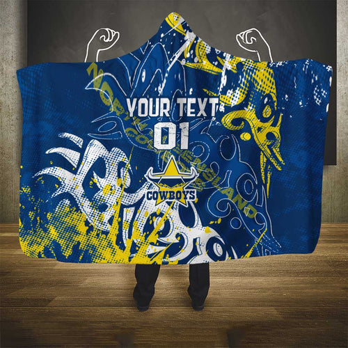 Personalized North Queensland Cowboys Rugby Hooded Blanket Urban Street Graffiti Style - Distressed Splatter Elements