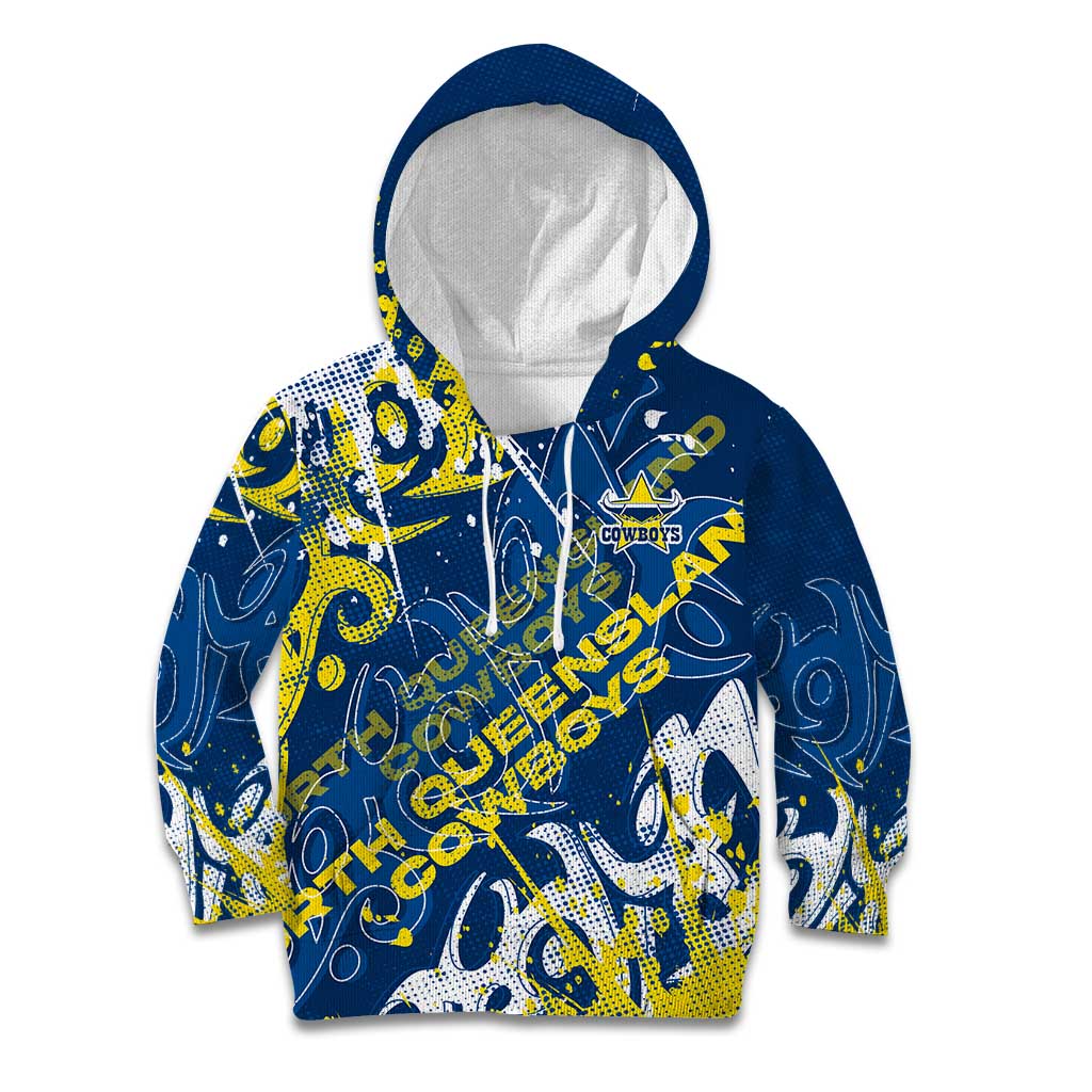 Personalized North Queensland Cowboys Rugby Kid Hoodie Urban Street Graffiti Style - Distressed Splatter Elements