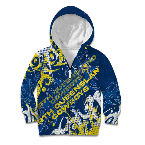 Personalized North Queensland Cowboys Rugby Kid Hoodie Urban Street Graffiti Style - Distressed Splatter Elements