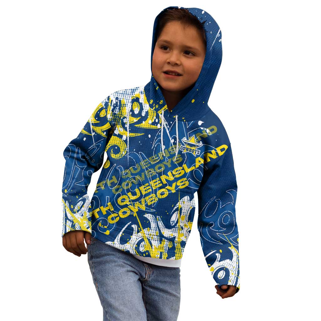 Personalized North Queensland Cowboys Rugby Kid Hoodie Urban Street Graffiti Style - Distressed Splatter Elements