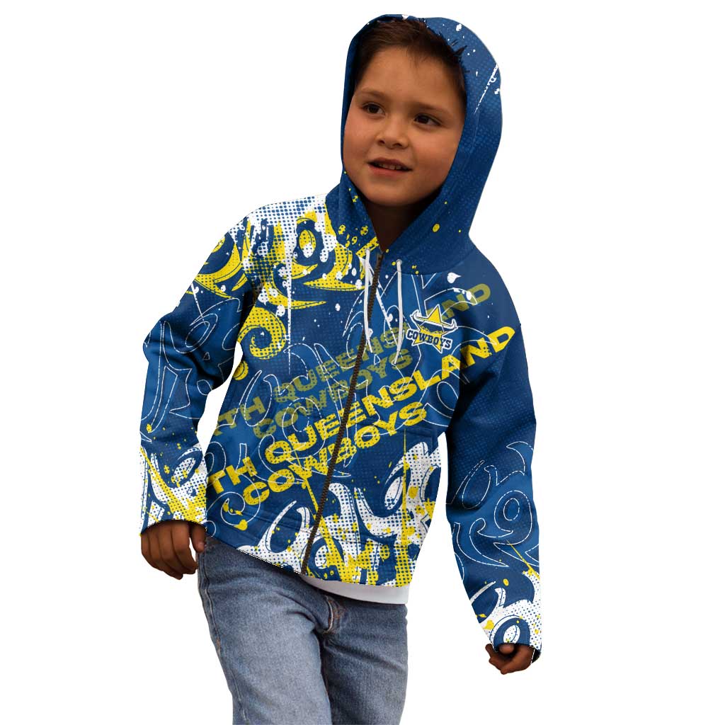 Personalized North Queensland Cowboys Rugby Kid Hoodie Urban Street Graffiti Style - Distressed Splatter Elements