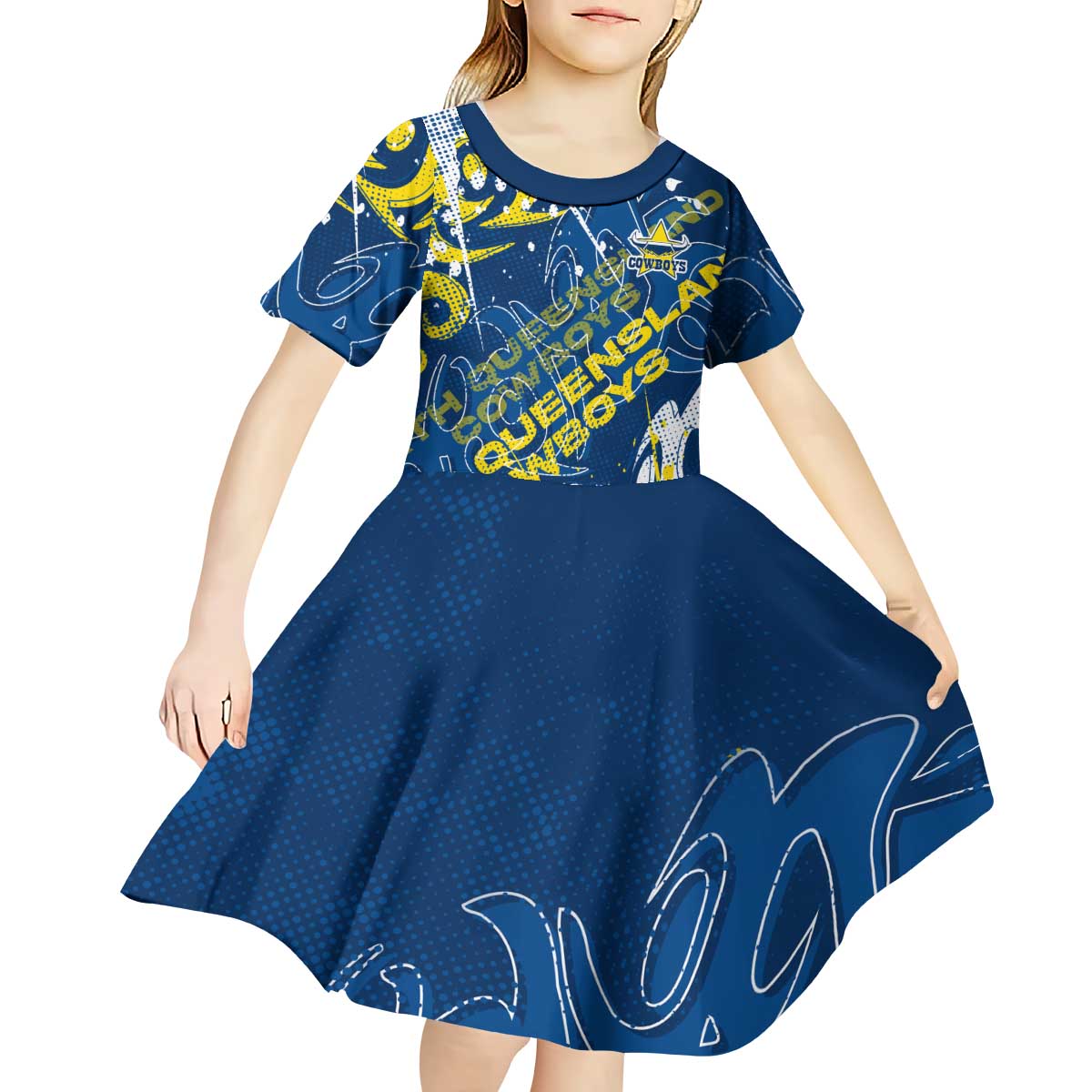 Personalized North Queensland Cowboys Rugby Kid Short Sleeve Dress Urban Street Graffiti Style - Distressed Splatter Elements