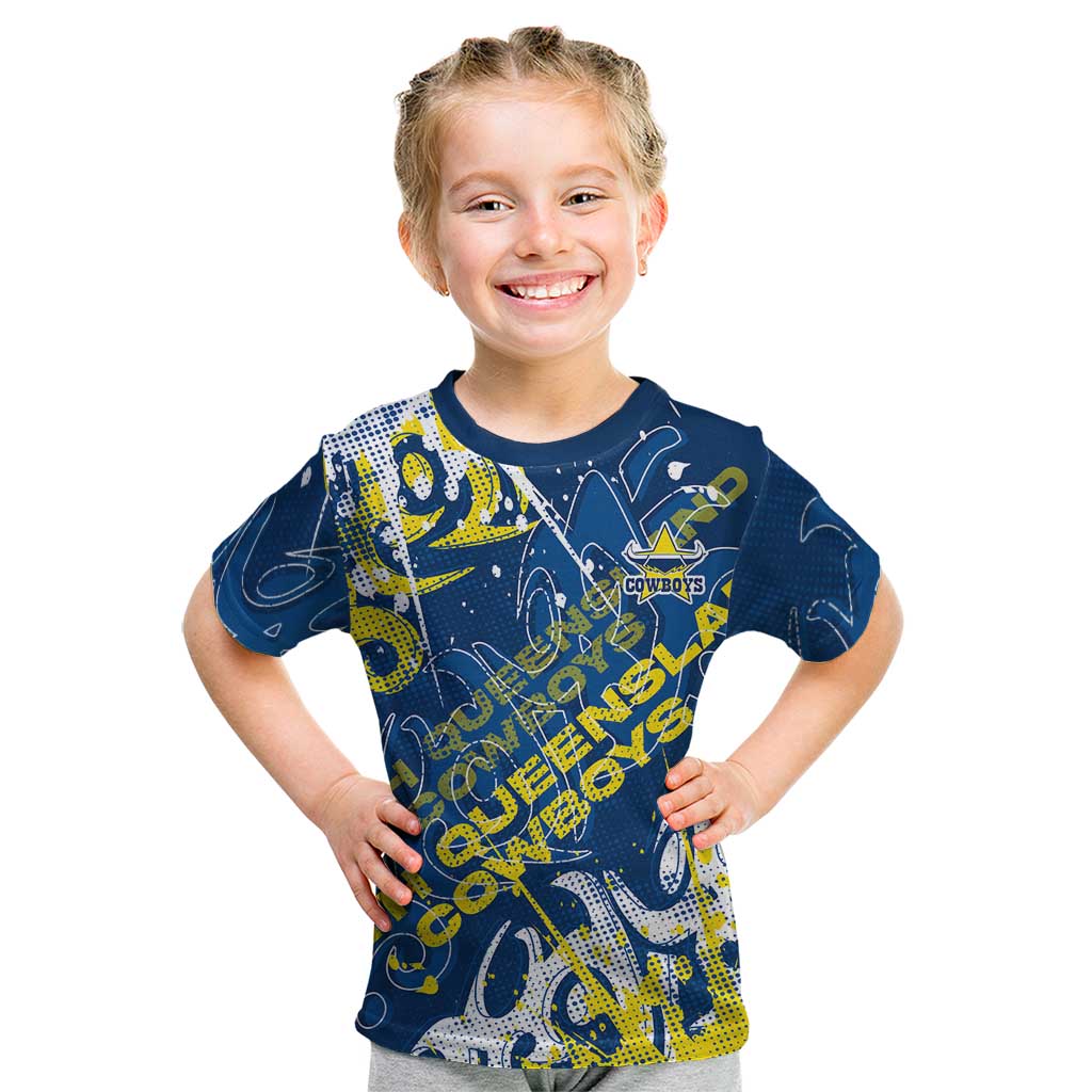 Personalized North Queensland Cowboys Rugby Kid T Shirt Urban Street Graffiti Style - Distressed Splatter Elements