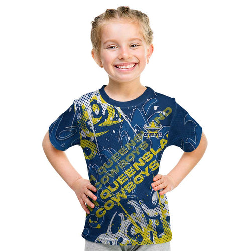 Personalized North Queensland Cowboys Rugby Kid T Shirt Urban Street Graffiti Style - Distressed Splatter Elements