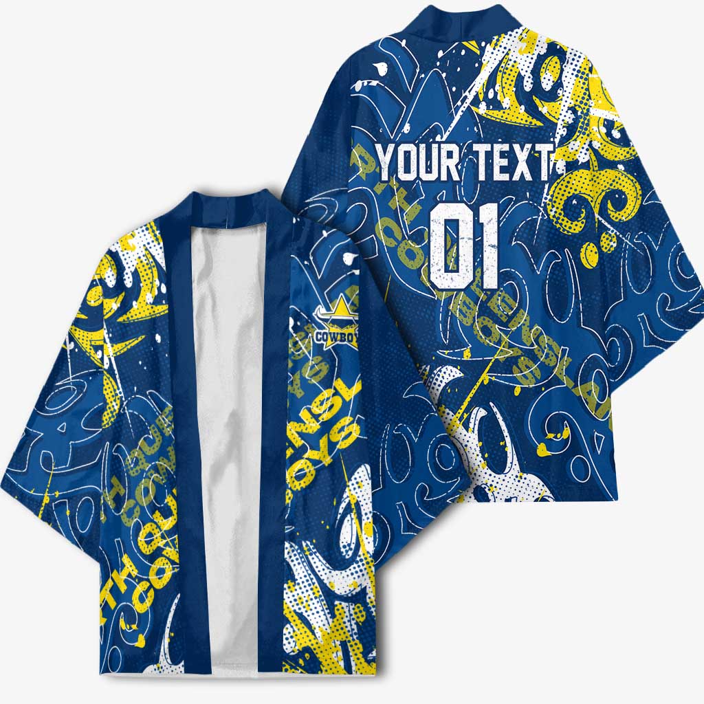 Personalized North Queensland Cowboys Rugby Kimono Urban Street Graffiti Style - Distressed Splatter Elements