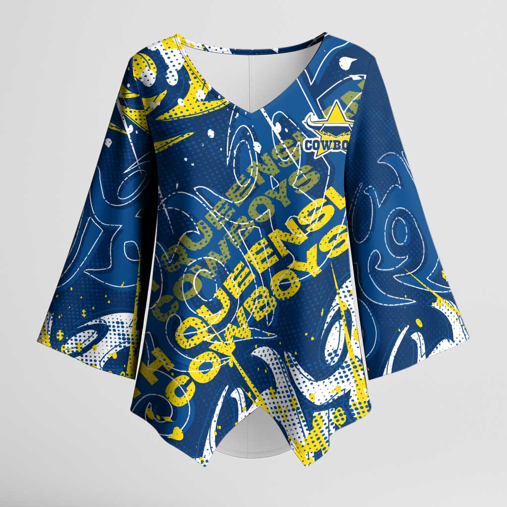 Personalized North Queensland Cowboys Rugby Kimono Sleeve Blouse Urban Street Graffiti Style - Distressed Splatter Elements