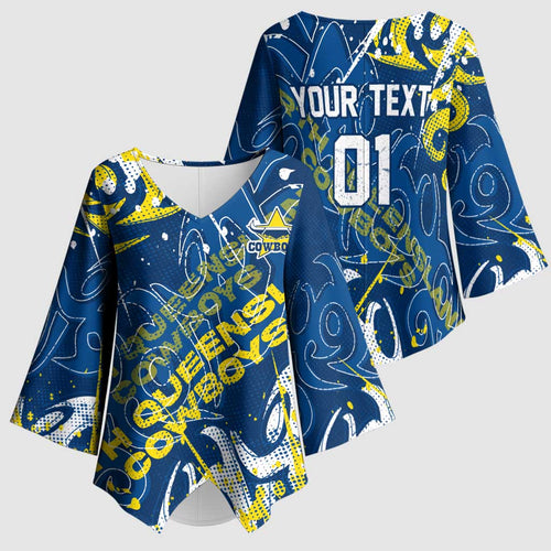 Personalized North Queensland Cowboys Rugby Kimono Sleeve Blouse Urban Street Graffiti Style - Distressed Splatter Elements