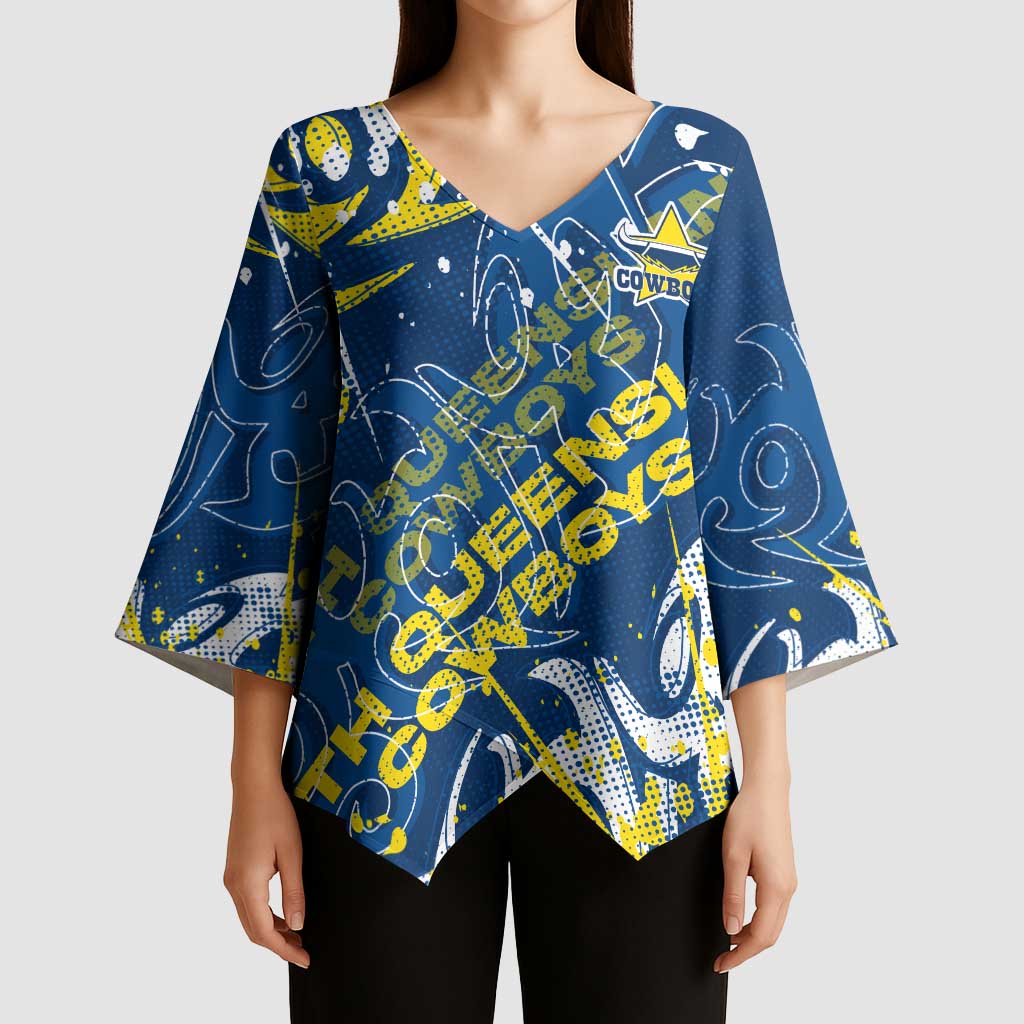 Personalized North Queensland Cowboys Rugby Kimono Sleeve Blouse Urban Street Graffiti Style - Distressed Splatter Elements