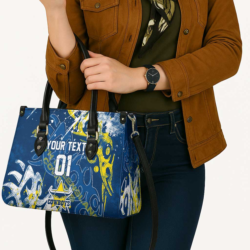Personalized North Queensland Cowboys Rugby Leather Bag Urban Street Graffiti Style - Distressed Splatter Elements
