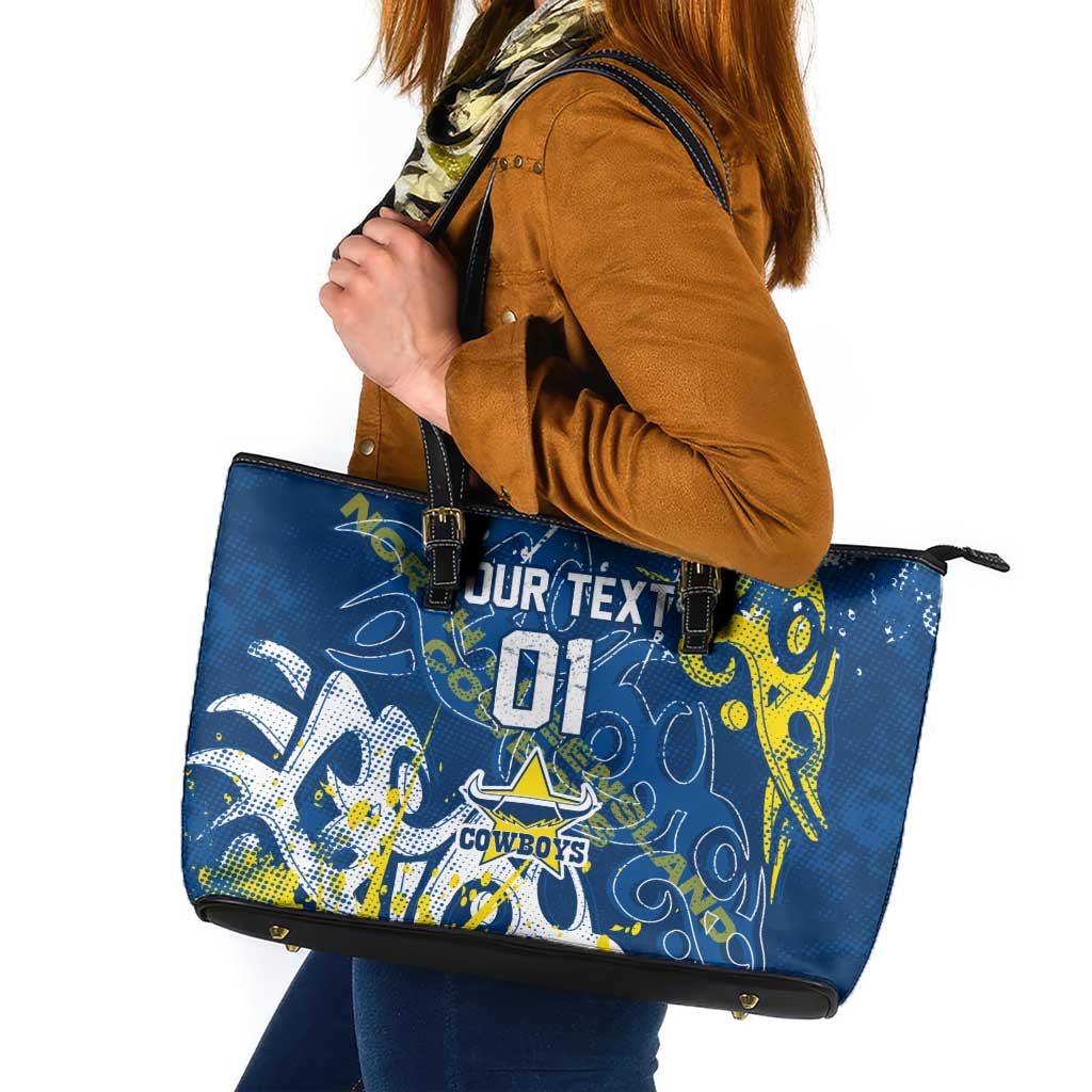 Personalized North Queensland Cowboys Rugby Leather Tote Bag Urban Street Graffiti Style - Distressed Splatter Elements