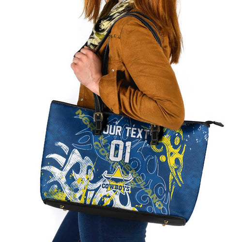 Personalized North Queensland Cowboys Rugby Leather Tote Bag Urban Street Graffiti Style - Distressed Splatter Elements