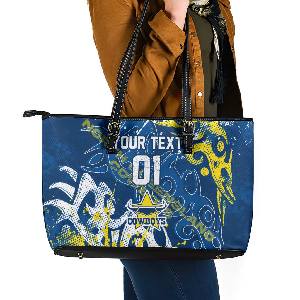 Personalized North Queensland Cowboys Rugby Leather Tote Bag Urban Street Graffiti Style - Distressed Splatter Elements