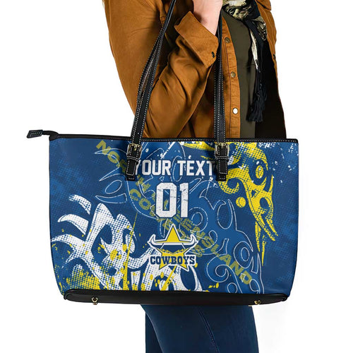 Personalized North Queensland Cowboys Rugby Leather Tote Bag Urban Street Graffiti Style - Distressed Splatter Elements