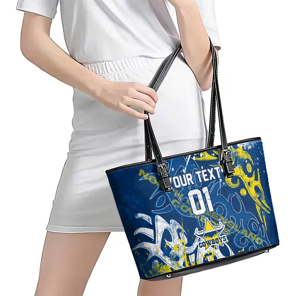 Personalized North Queensland Cowboys Rugby Leather Tote Bag Urban Street Graffiti Style - Distressed Splatter Elements