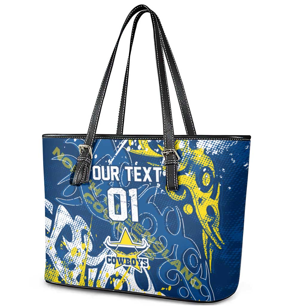 Personalized North Queensland Cowboys Rugby Leather Tote Bag Urban Street Graffiti Style - Distressed Splatter Elements