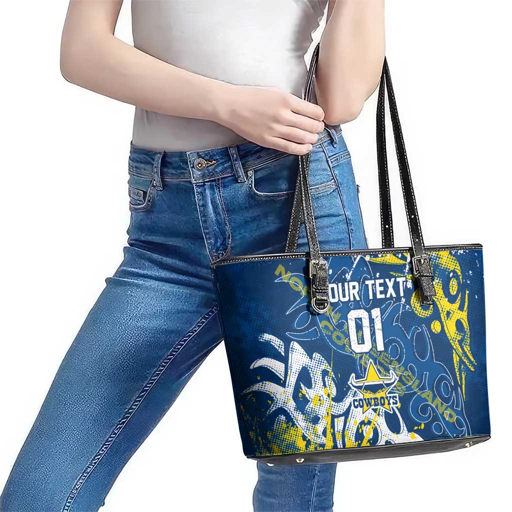Personalized North Queensland Cowboys Rugby Leather Tote Bag Urban Street Graffiti Style - Distressed Splatter Elements