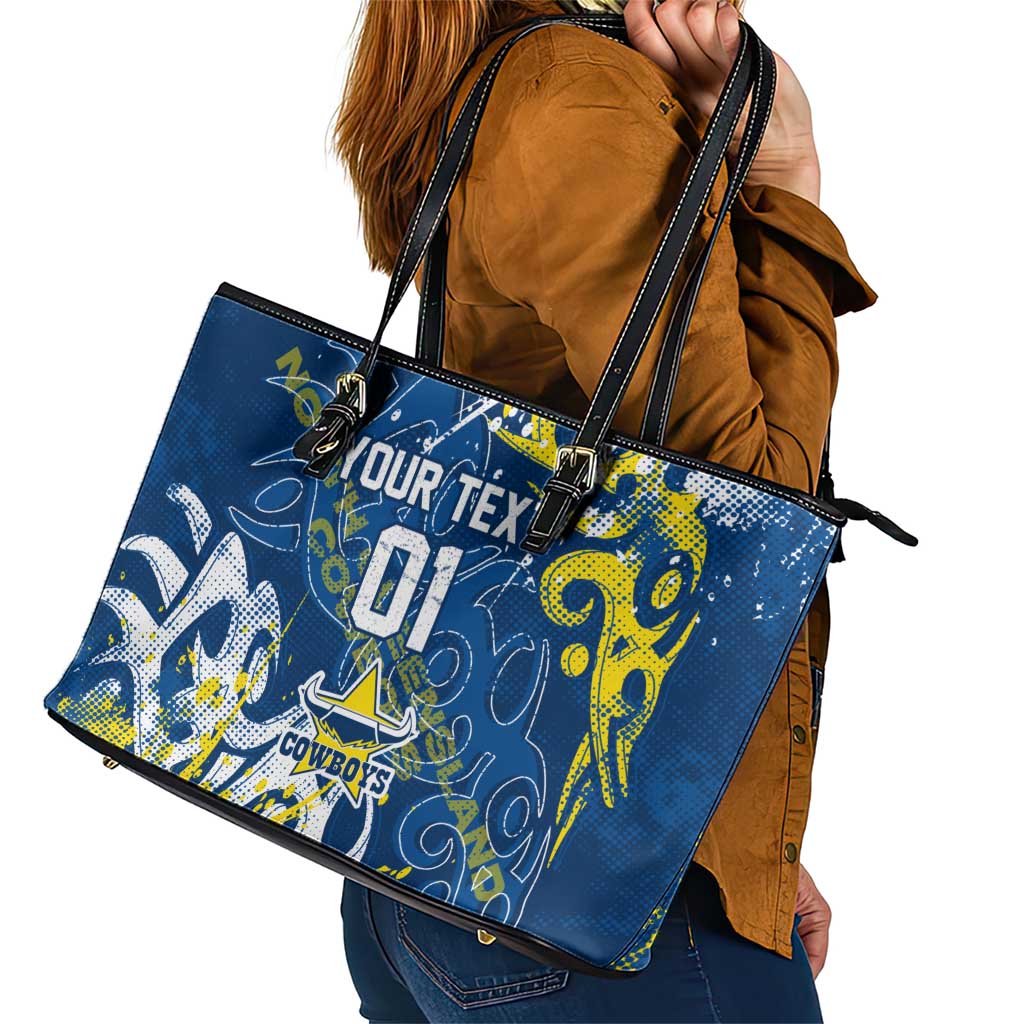 Personalized North Queensland Cowboys Rugby Leather Tote Bag Urban Street Graffiti Style - Distressed Splatter Elements
