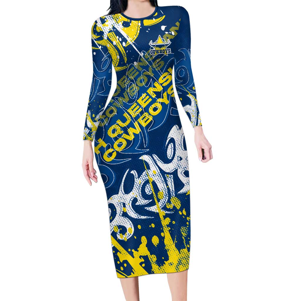 Personalized North Queensland Cowboys Rugby Long Sleeve Bodycon Dress Urban Street Graffiti Style - Distressed Splatter Elements
