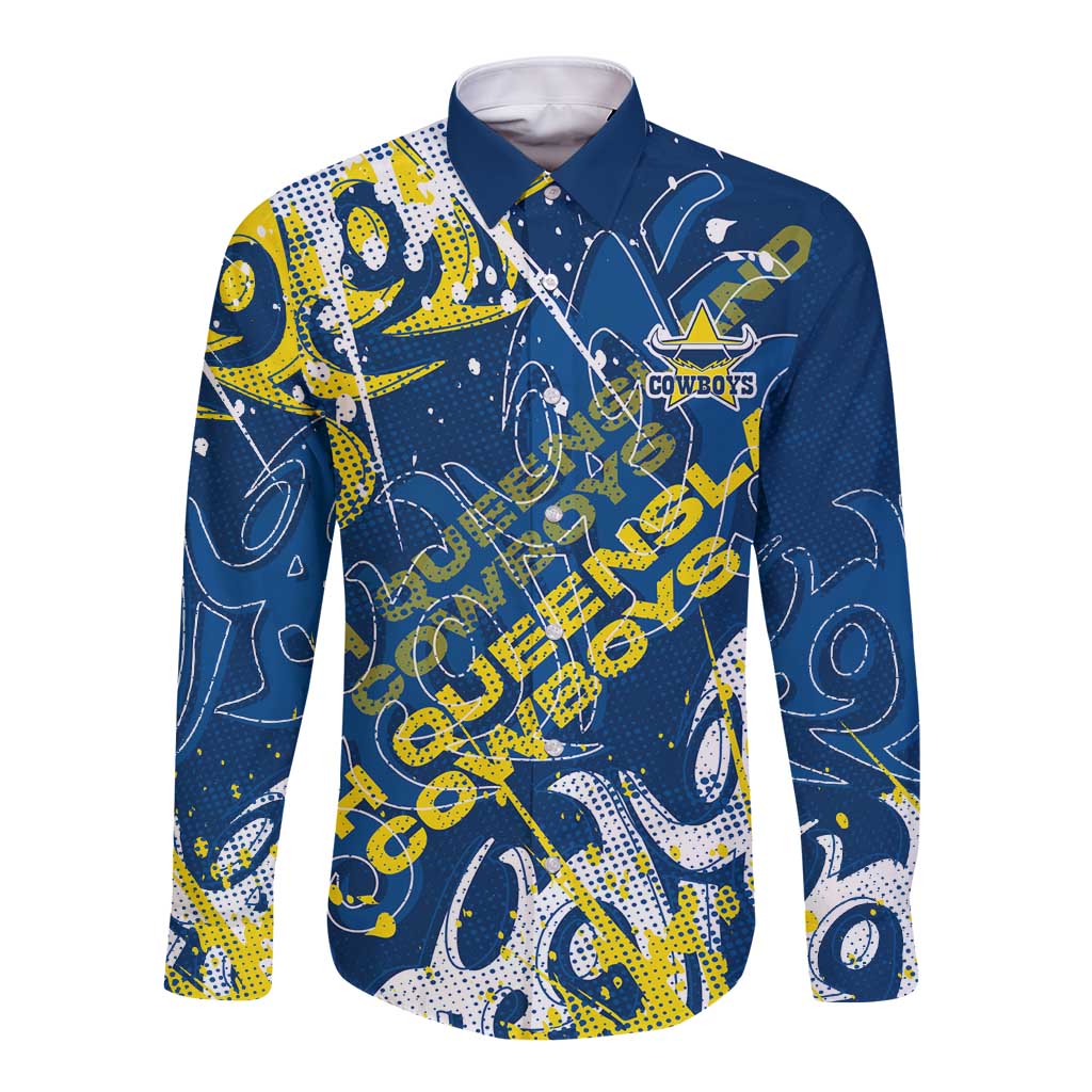 Personalized North Queensland Cowboys Rugby Long Sleeve Button Shirt Urban Street Graffiti Style - Distressed Splatter Elements