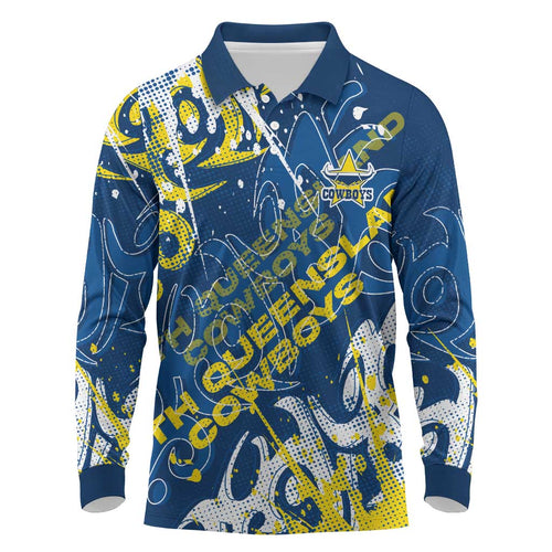 Personalized North Queensland Cowboys Rugby Long Sleeve Polo Shirt Urban Street Graffiti Style - Distressed Splatter Elements
