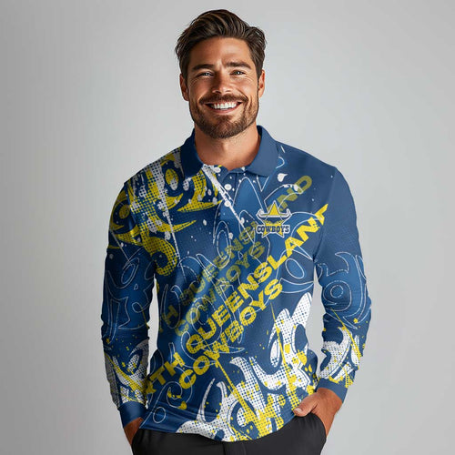 Personalized North Queensland Cowboys Rugby Long Sleeve Polo Shirt Urban Street Graffiti Style - Distressed Splatter Elements