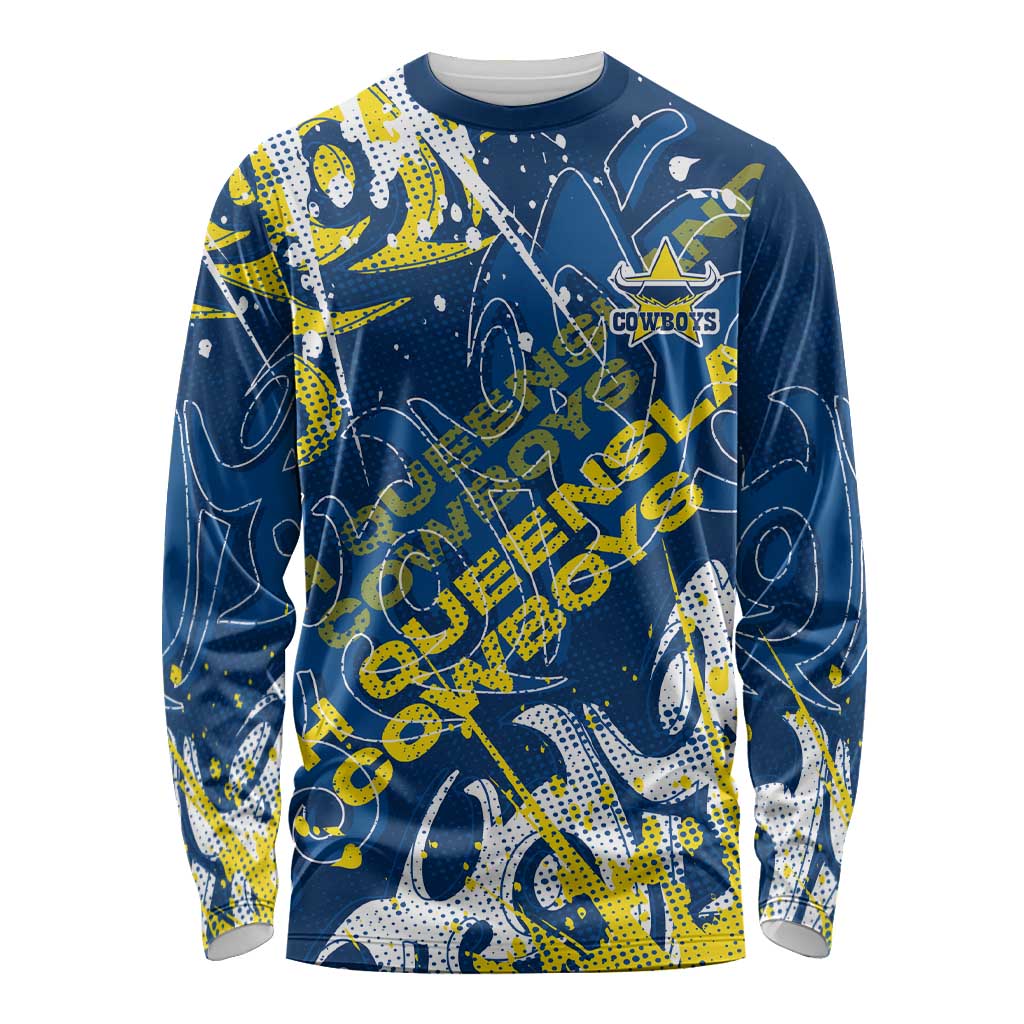 Personalized North Queensland Cowboys Rugby Long Sleeve Shirt Urban Street Graffiti Style - Distressed Splatter Elements