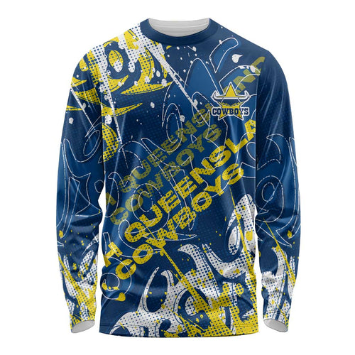 Personalized North Queensland Cowboys Rugby Long Sleeve Shirt Urban Street Graffiti Style - Distressed Splatter Elements