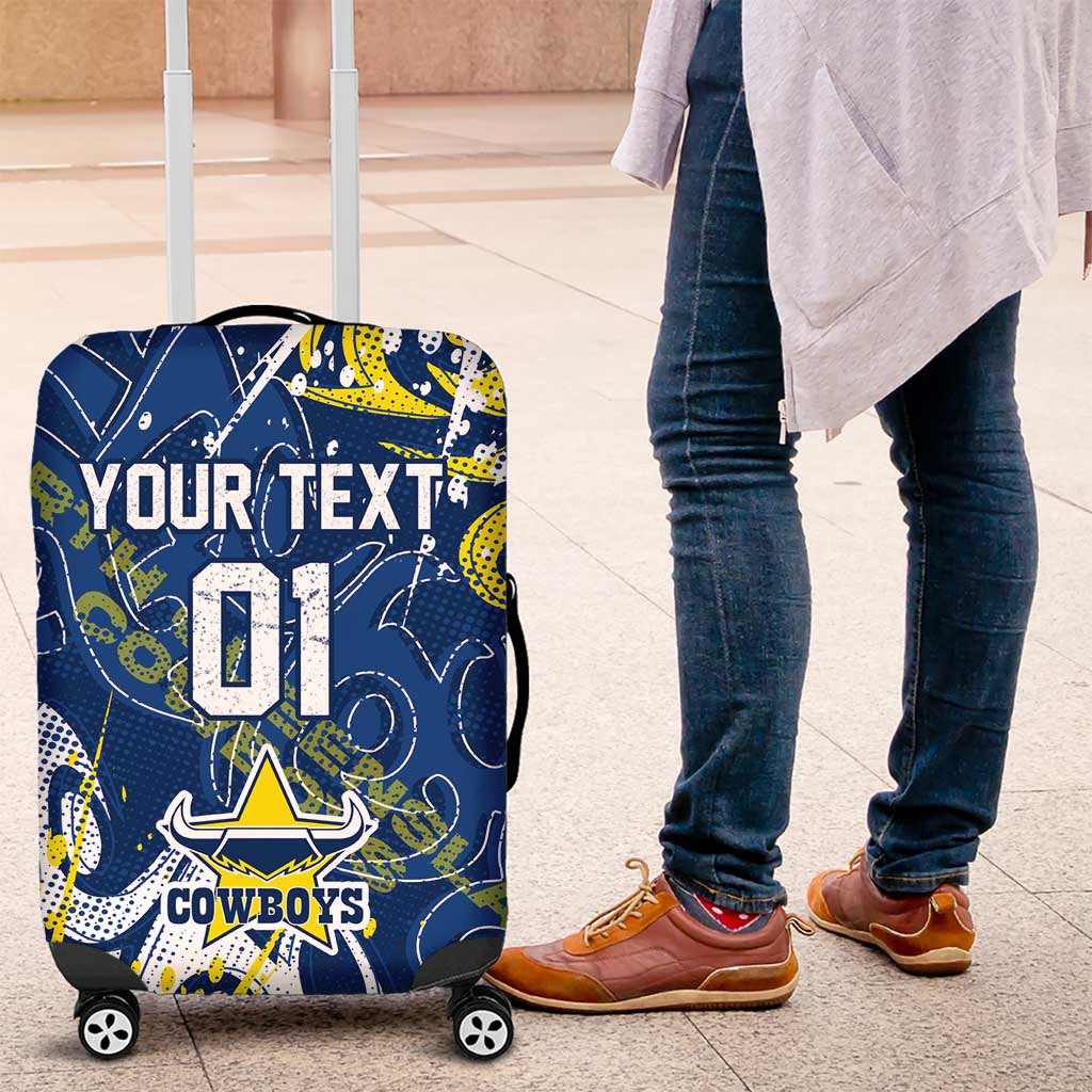 Personalized North Queensland Cowboys Rugby Luggage Cover Urban Street Graffiti Style - Distressed Splatter Elements