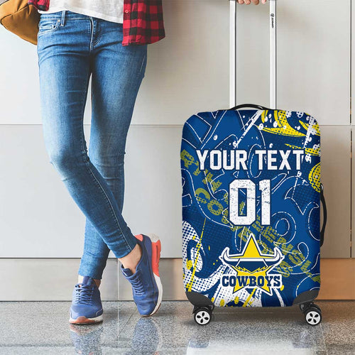Personalized North Queensland Cowboys Rugby Luggage Cover Urban Street Graffiti Style - Distressed Splatter Elements