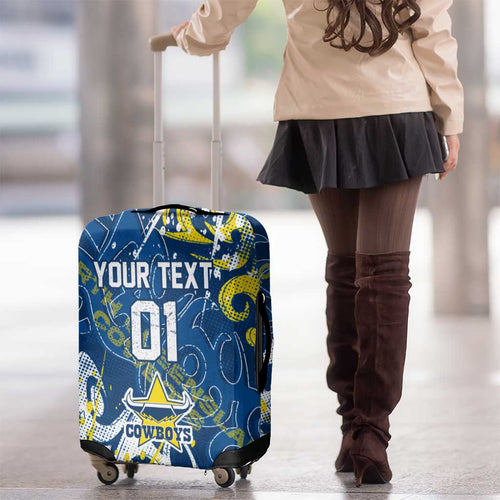 Personalized North Queensland Cowboys Rugby Luggage Cover Urban Street Graffiti Style - Distressed Splatter Elements