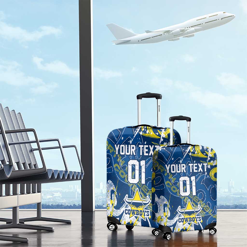 Personalized North Queensland Cowboys Rugby Luggage Cover Urban Street Graffiti Style - Distressed Splatter Elements