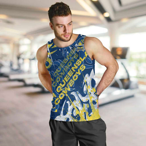 Personalized North Queensland Cowboys Rugby Men Tank Top Urban Street Graffiti Style - Distressed Splatter Elements
