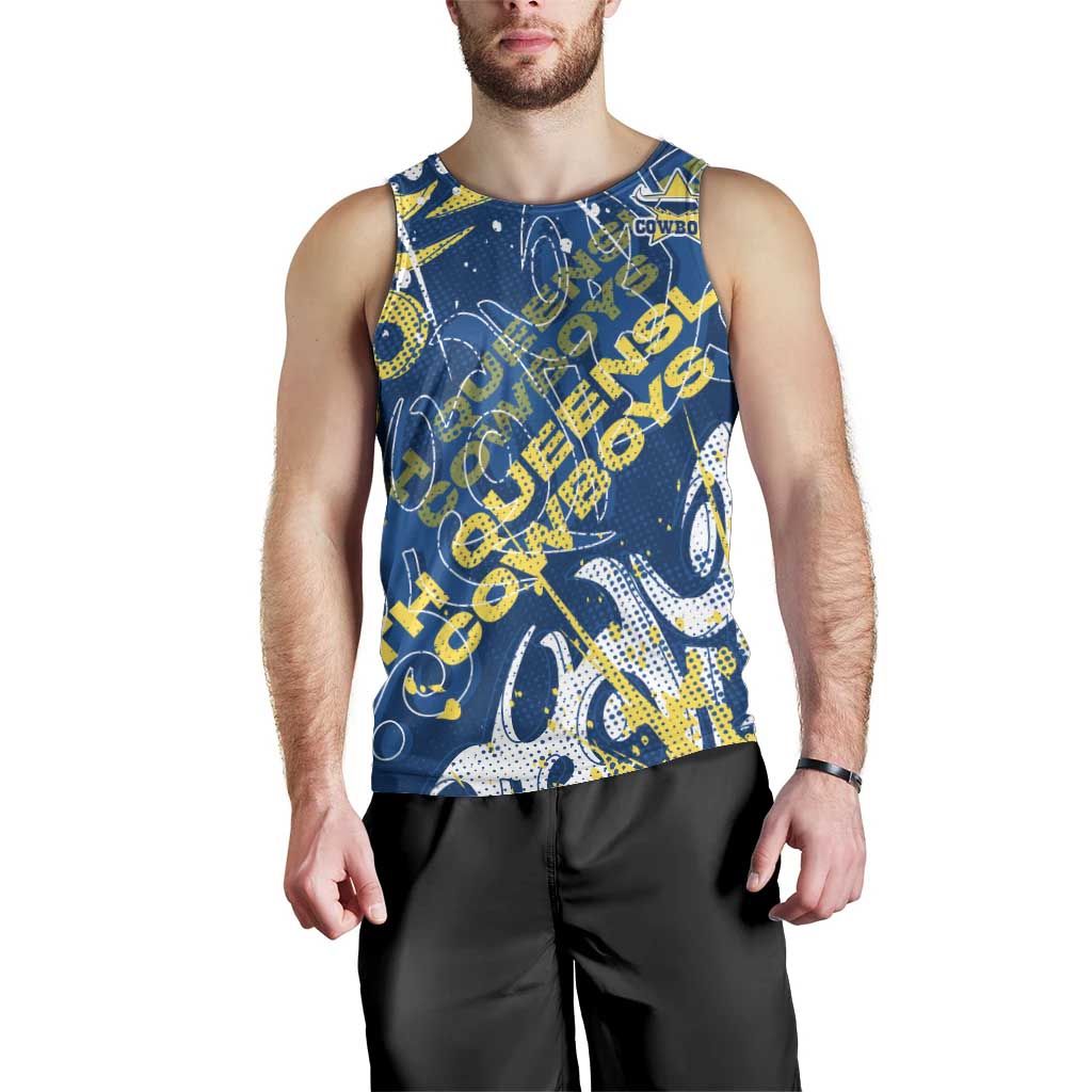 Personalized North Queensland Cowboys Rugby Men Tank Top Urban Street Graffiti Style - Distressed Splatter Elements