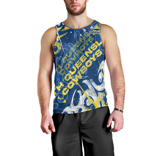 Personalized North Queensland Cowboys Rugby Men Tank Top Urban Street Graffiti Style - Distressed Splatter Elements