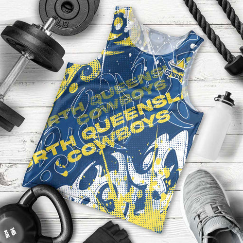 Personalized North Queensland Cowboys Rugby Men Tank Top Urban Street Graffiti Style - Distressed Splatter Elements