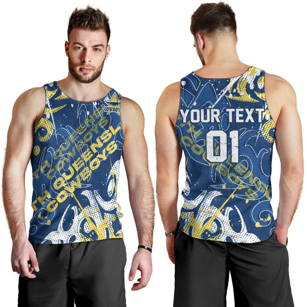 Personalized North Queensland Cowboys Rugby Men Tank Top Urban Street Graffiti Style - Distressed Splatter Elements