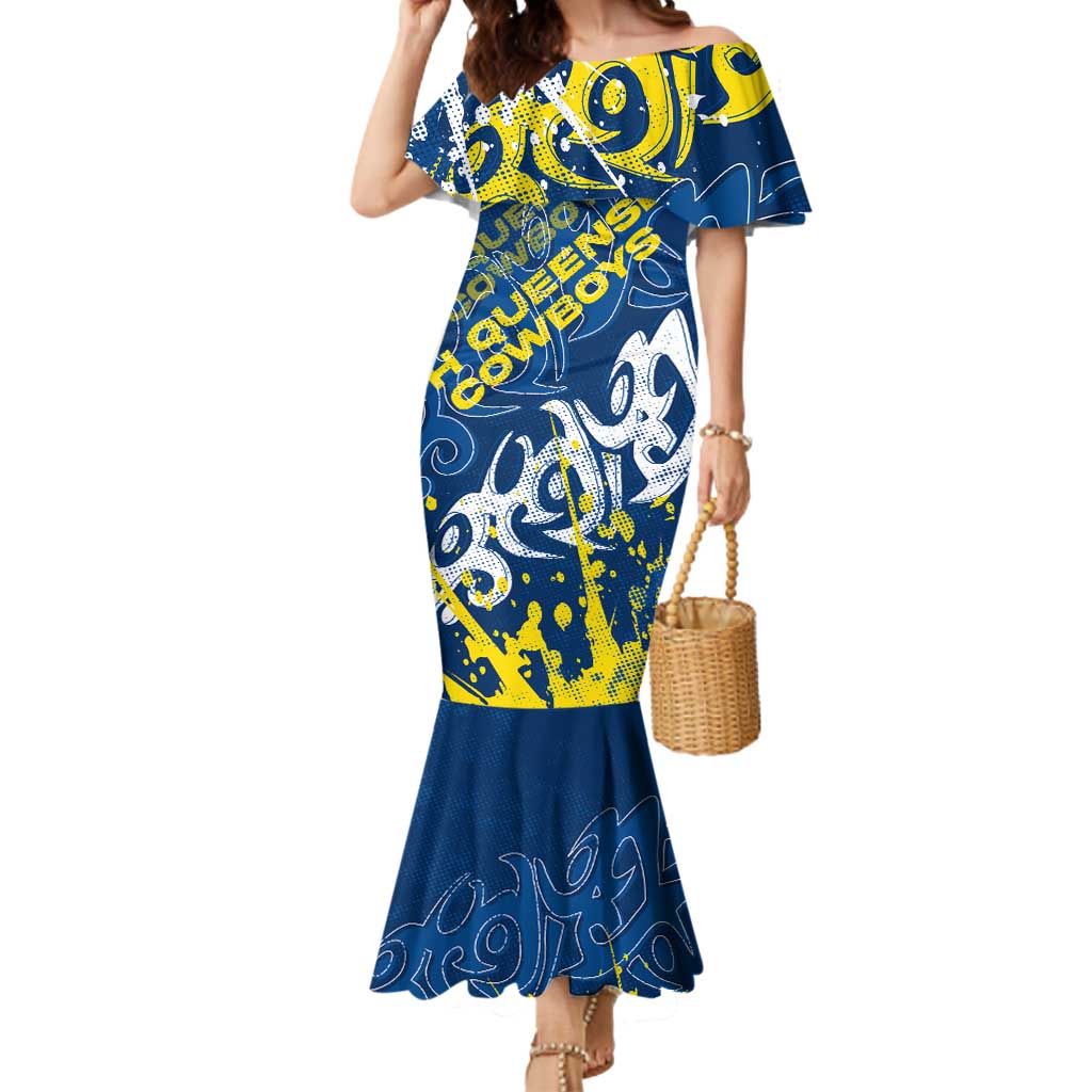 Personalized North Queensland Cowboys Rugby Mermaid Dress Urban Street Graffiti Style - Distressed Splatter Elements