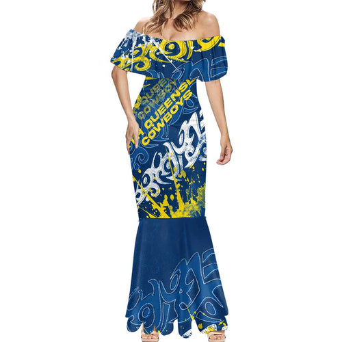 Personalized North Queensland Cowboys Rugby Mermaid Dress Urban Street Graffiti Style - Distressed Splatter Elements