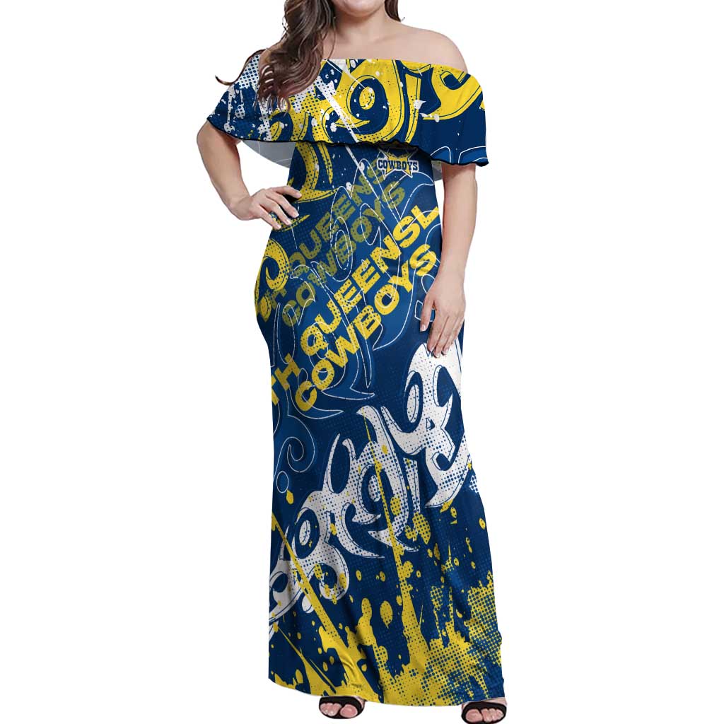 Personalized North Queensland Cowboys Rugby Off Shoulder Maxi Dress Urban Street Graffiti Style - Distressed Splatter Elements