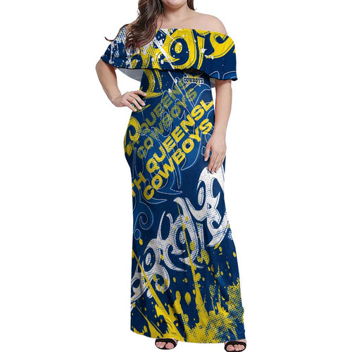 Personalized North Queensland Cowboys Rugby Off Shoulder Maxi Dress Urban Street Graffiti Style - Distressed Splatter Elements