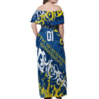 Personalized North Queensland Cowboys Rugby Off Shoulder Maxi Dress Urban Street Graffiti Style - Distressed Splatter Elements